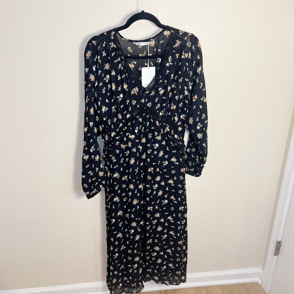 NWT Zara Floral Peasant Midi Dress Long Sleeves Size L Black - Picture 7 of 11